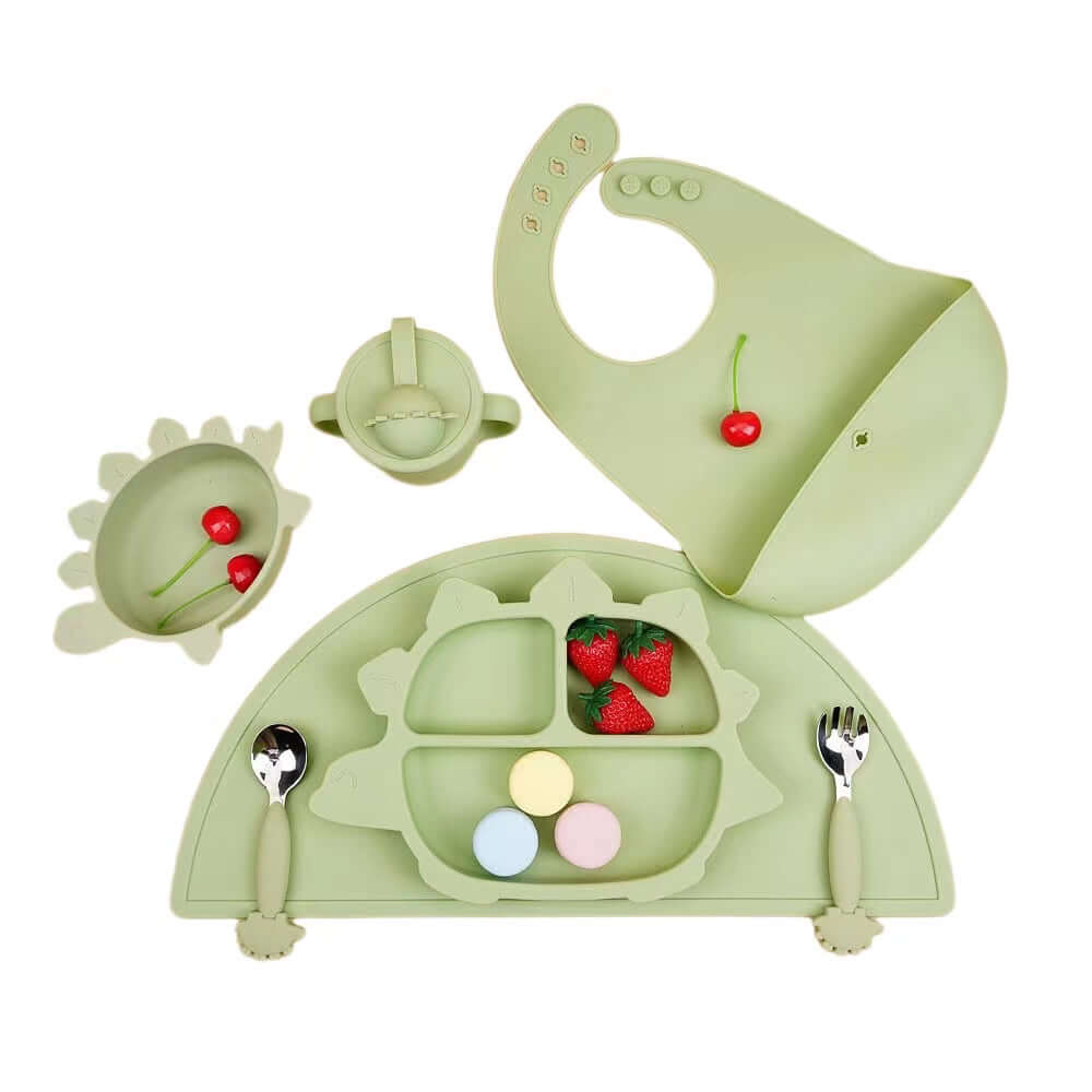 5 Benefits of Using a Silicone Suction Feeding Set for Young Children: Animal Shape Suction Plate, Suction Bowl, Silicone Bib, Sippy Cup, and Wooden Hand Spoon and Fork Set