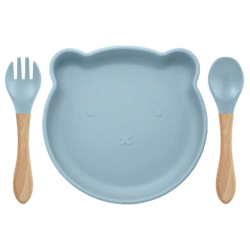 3-pack Baby Cute Cartoon Bear Silicone Suction Bowl and Fork Spoon with Wooden Handle Baby Toddler Tableware Dishes Self-Feeding Utensils Set for Self-Training