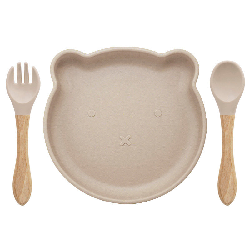 3-pack Baby Cute Cartoon Bear Silicone Suction Bowl and Fork Spoon with Wooden Handle Baby Toddler Tableware Dishes Self-Feeding Utensils Set for Self-Training