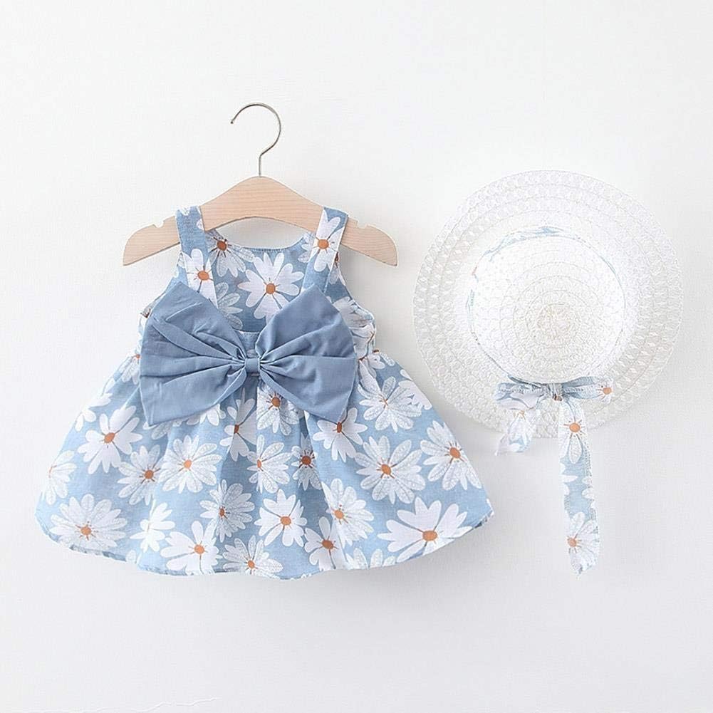 Baby Girls Rainbow Floral Tutu Dress Summer Sleeveless Princess Birthday Party Dresses Playwear Outfit with Straw Hat