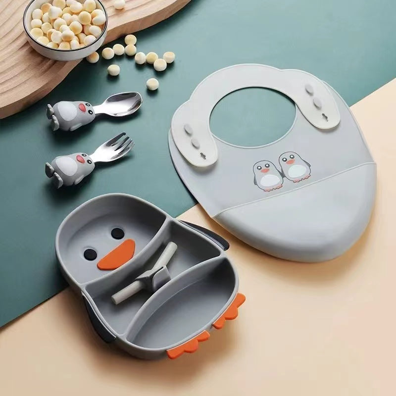 Conjunto de alimentação para bebés em silicone com pinguim