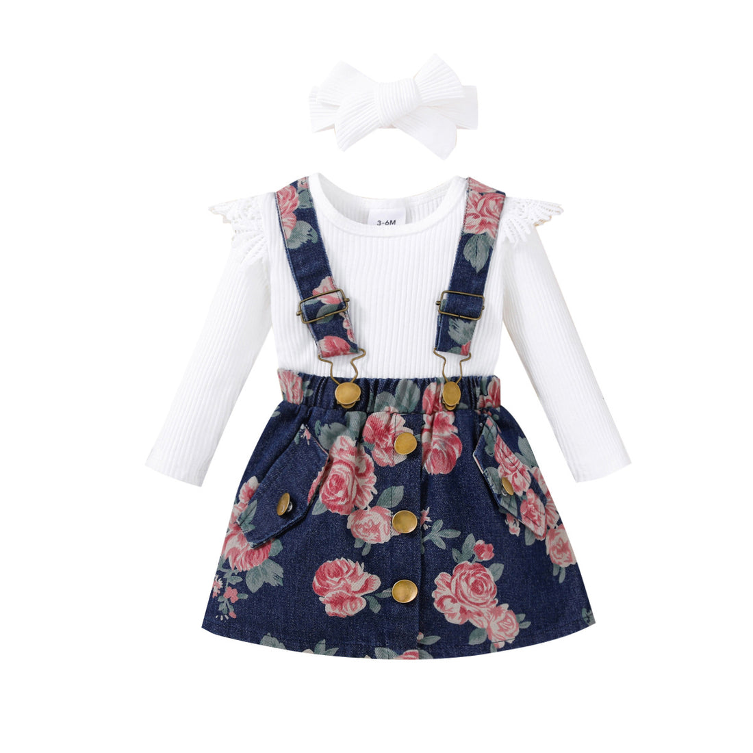 3pcs Baby Girl 100% Cotton Floral Print Denim Suspender Skirt and Solid Ruffle Long-sleeve Ribbed Romper with Headband Set