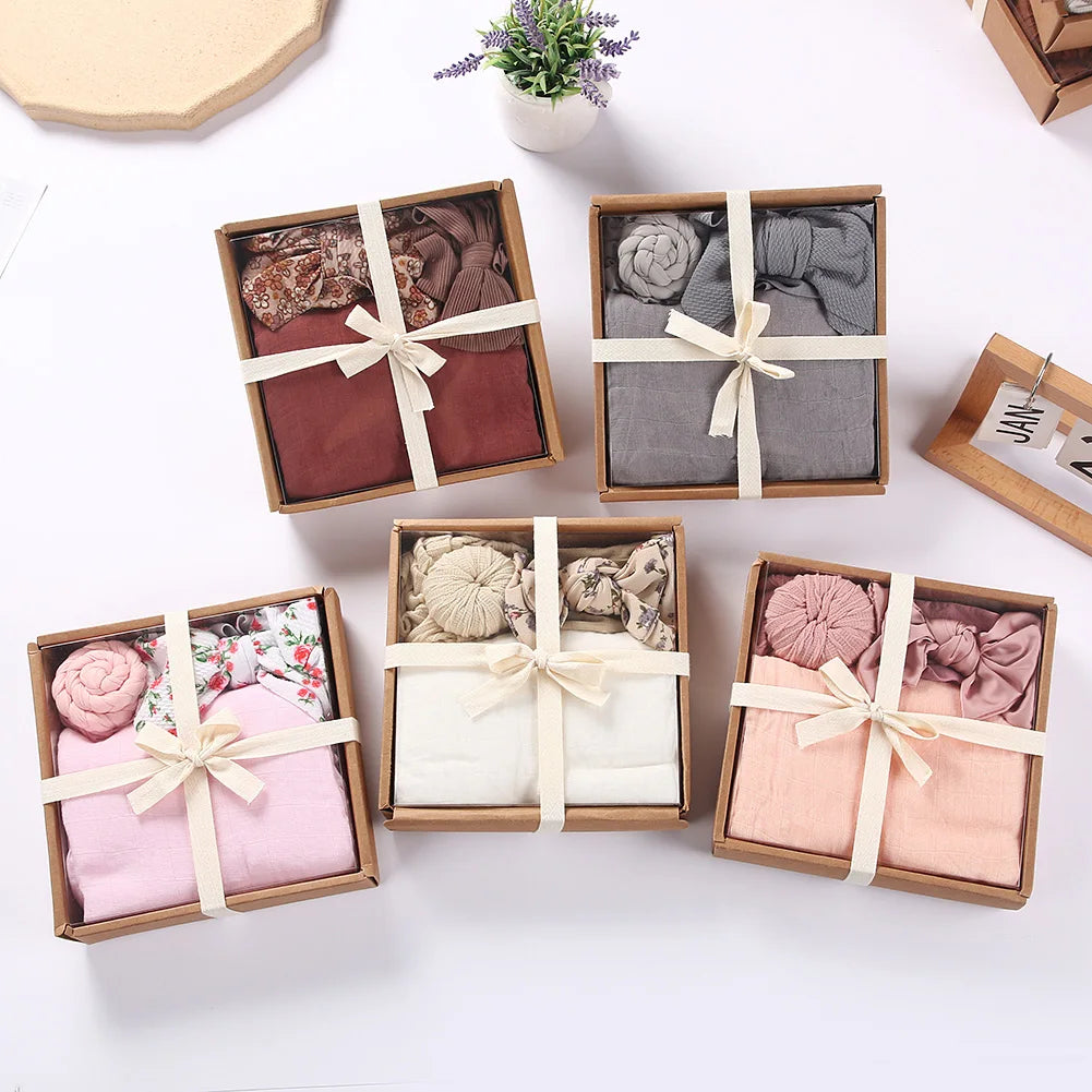 3Pcs Baby Girl Gift Box With Wrap Hat Headband Swaddle