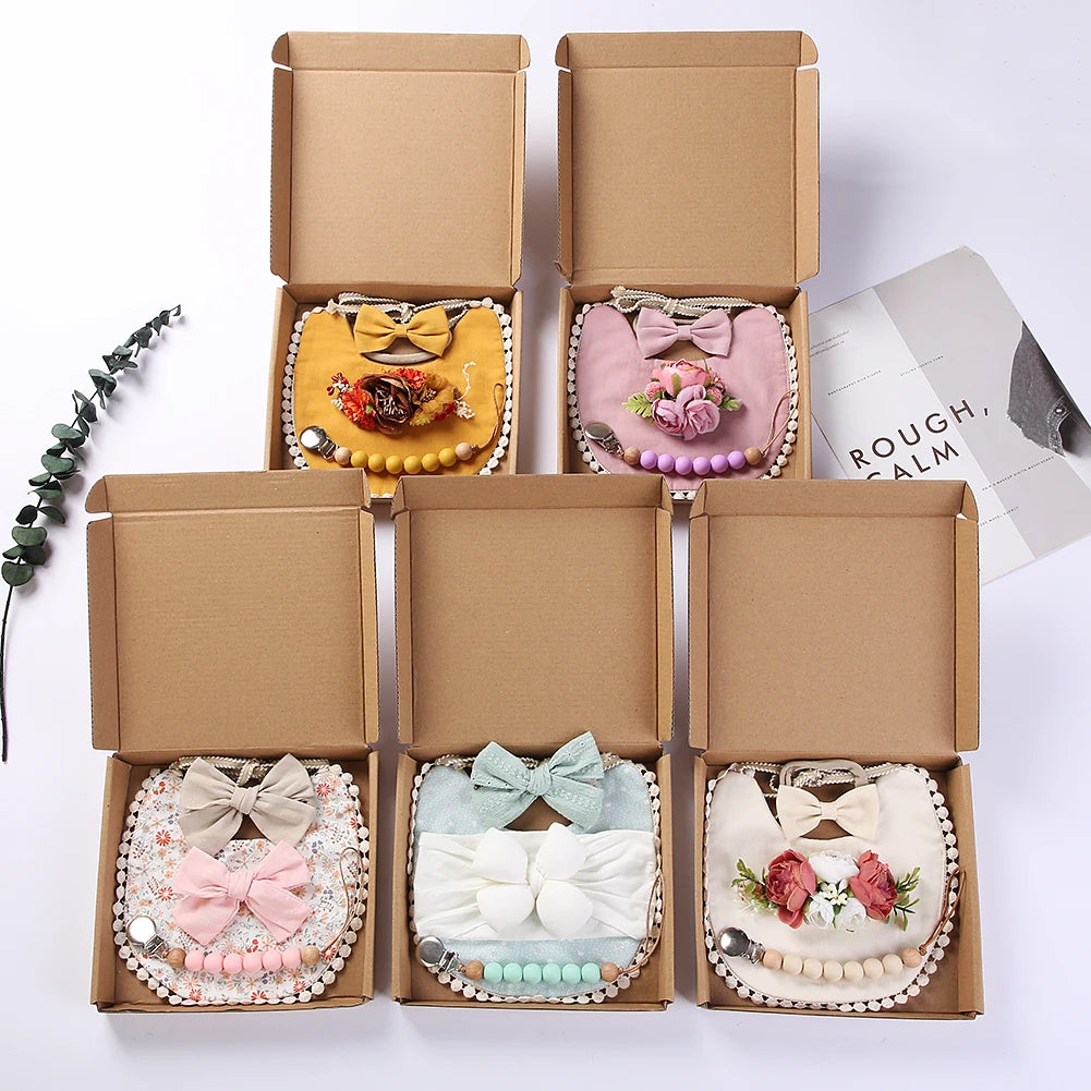 4Pcs Baby Care Products cotton Bibs Headband Baby pacifier chain Photography Props Set Birth Gift