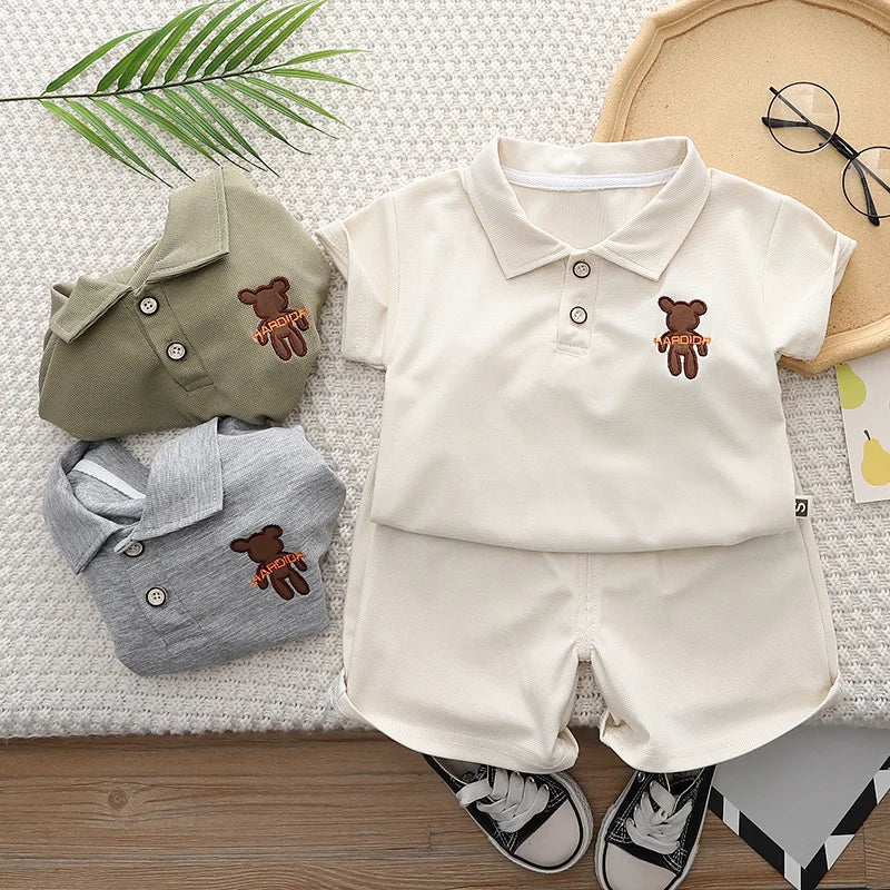 Cotton Children's Clothes Boys Polo T-Shirt Shorts Cartoon Bear Baby Clothes Set