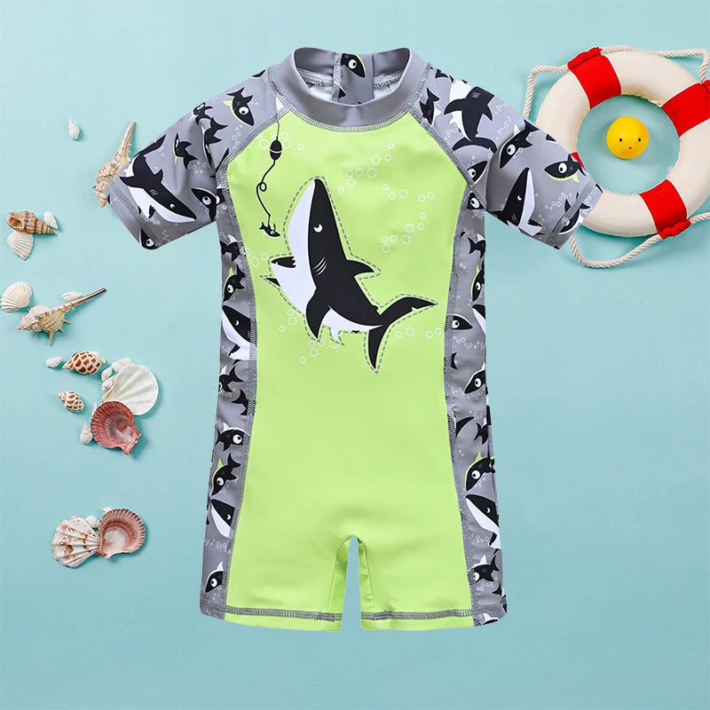 Summer Boys Fitness One Piece Surf Beach Shark Print Zip Swimsuit