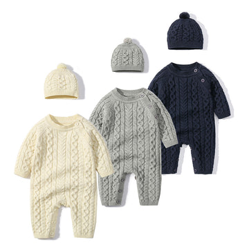 Baby Newborn Cotton Knitted Sweater Romper Longsleeve Outfit with Warm Hat Set