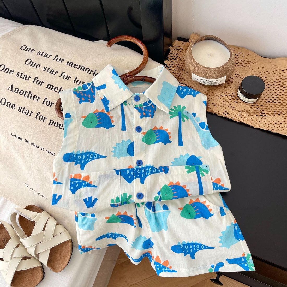 Summer boys' sleeveless top dinosaur T-shirt shorts two-piece set