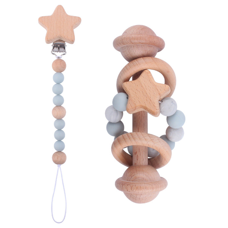 Wooden Teether Rattle Dummy Chain Set - siliconebabyessential.com