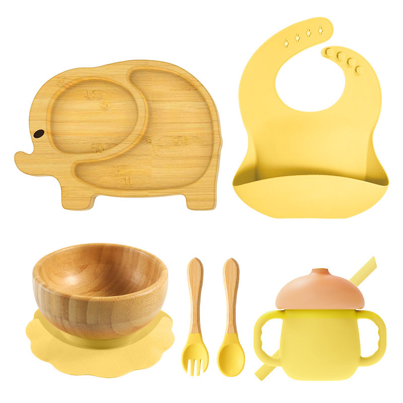 Silicone Elephant Suction Bamboo Feeding Set - siliconebabyessential.com