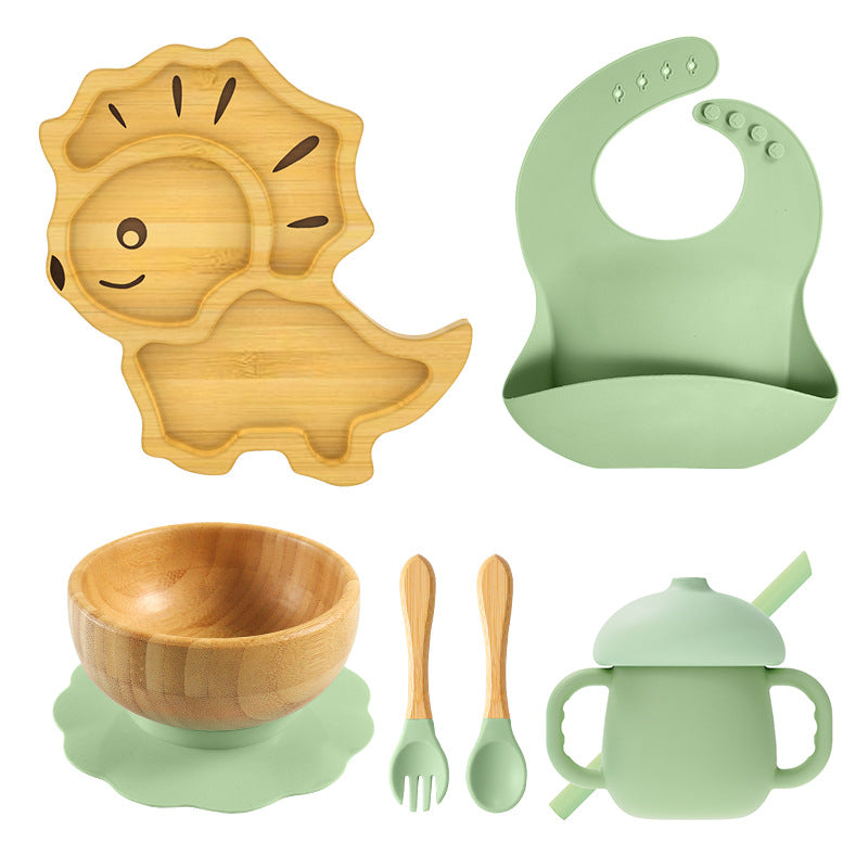 Silicone Dinosaur Bamboo Suction Feeding Set - siliconebabyessential.com