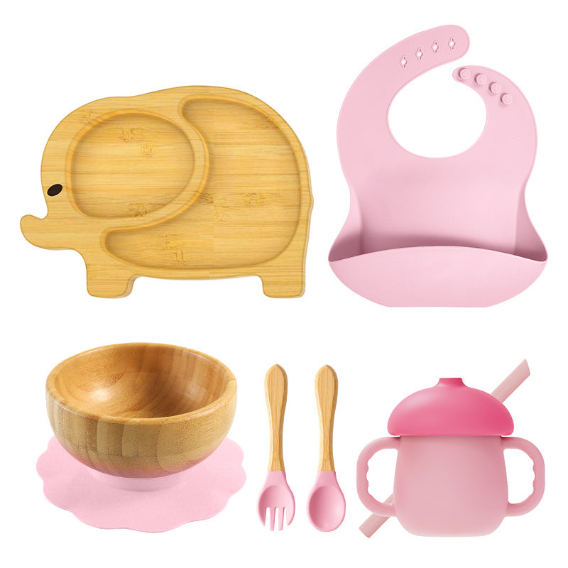 Silicone Elephant Suction Bamboo Feeding Set - siliconebabyessential.com