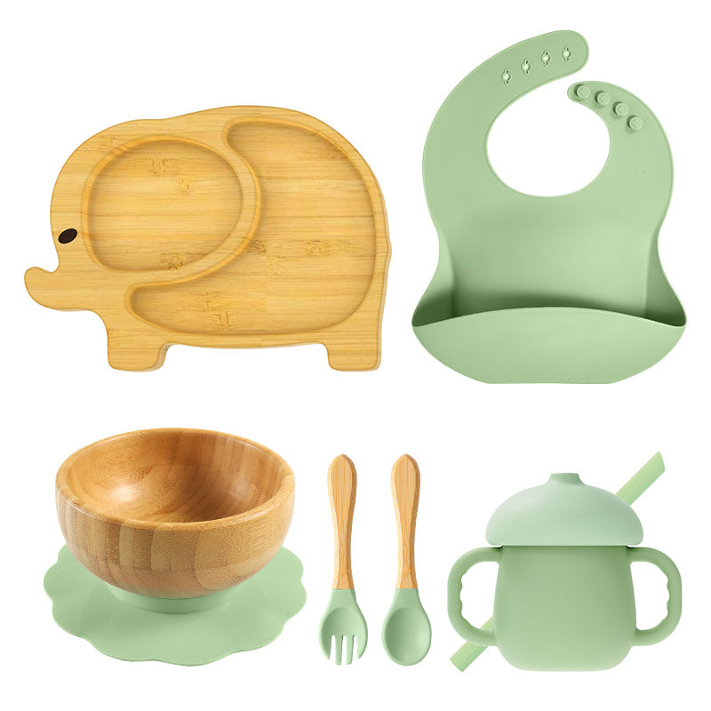 Silicone Elephant Suction Bamboo Feeding Set - siliconebabyessential.com