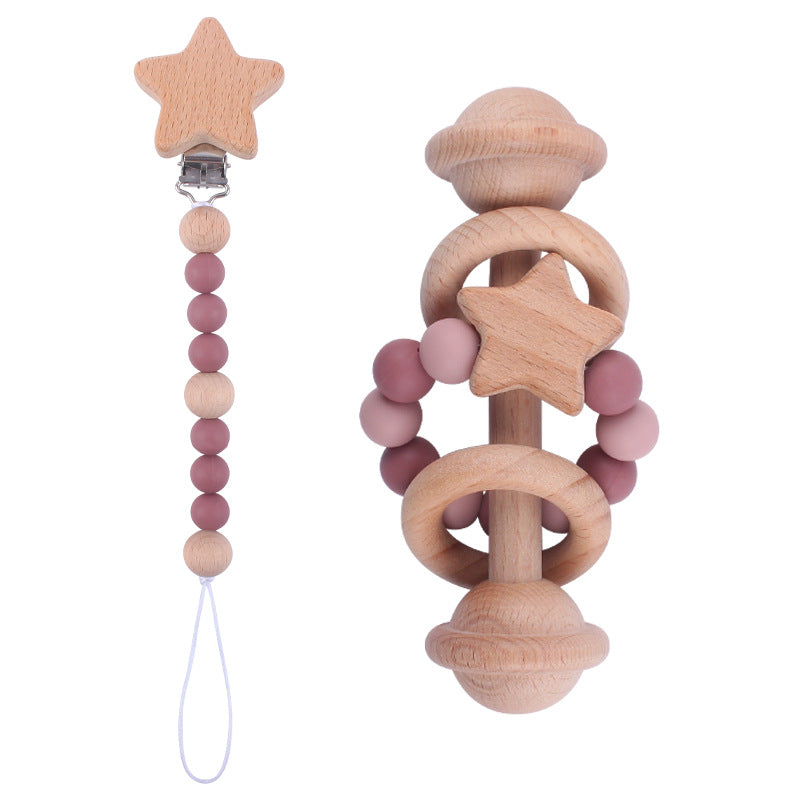 Wooden Teether Rattle Dummy Chain Set - siliconebabyessential.com